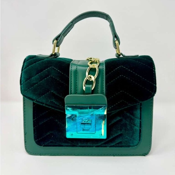 Green Faux Leather & Suede Structured Top Handle Bag with Gold Chain Accent - Picture 1 of 6